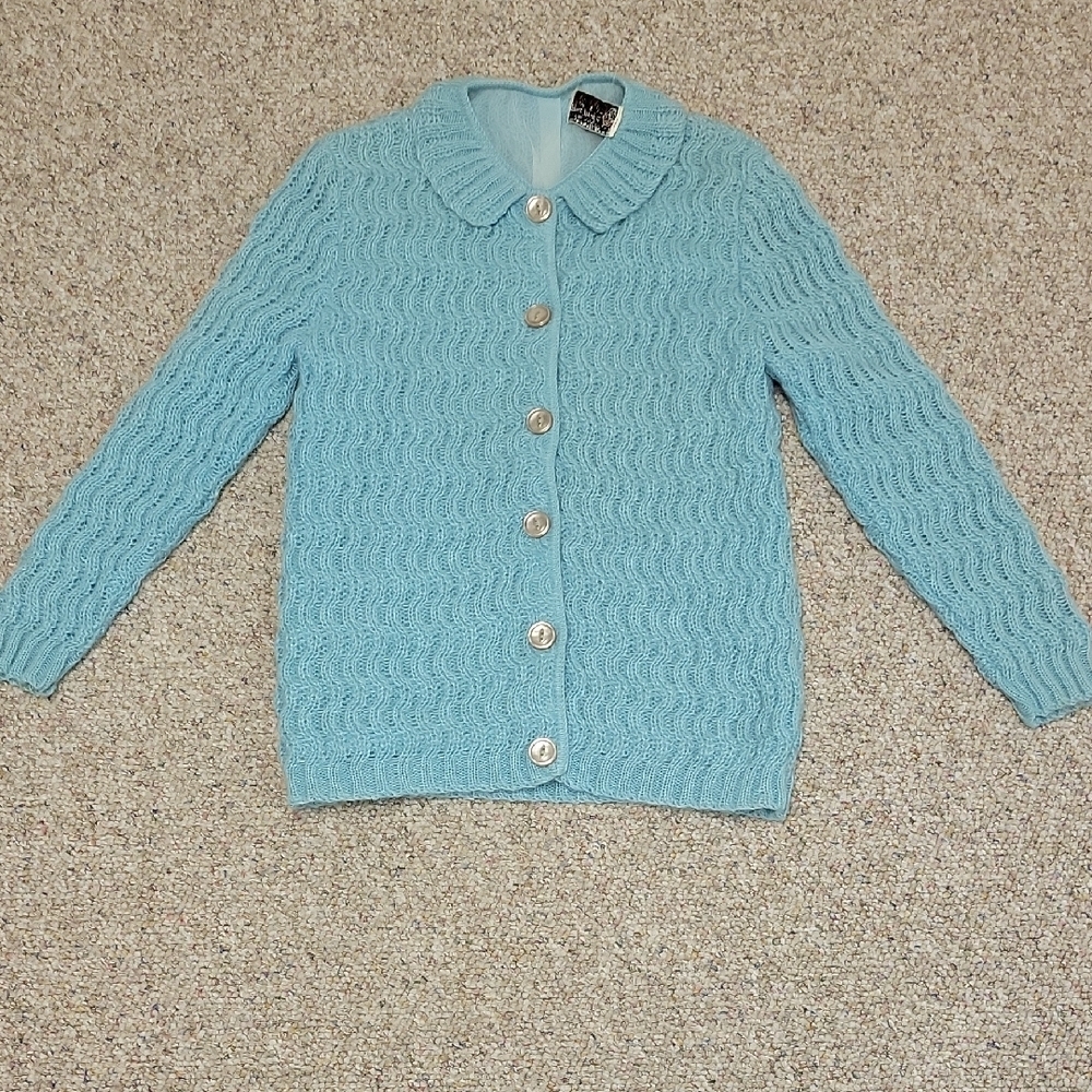 Sidney Gould Millaine Blue Cardigan Sweater Mohair Small grandma cottagecore